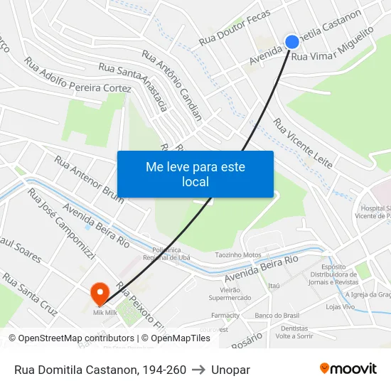 Rua Domitila Castanon, 194-260 to Unopar map