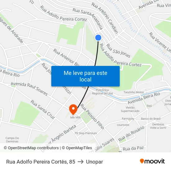 Rua Adolfo Pereira Cortês, 85 to Unopar map