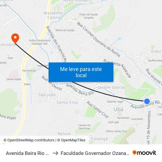 Avenida Beira Rio / Rodoviária to Faculdade Governador Ozanam Coelho - Fagoc map