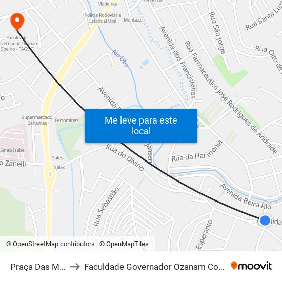 Praça Das Mercês to Faculdade Governador Ozanam Coelho - Fagoc map