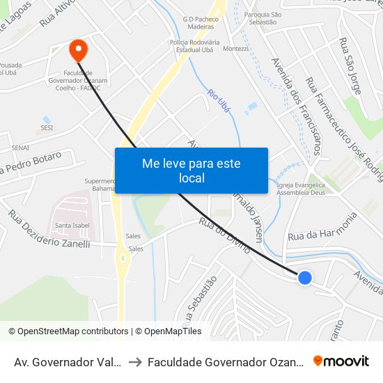 Av. Governador Valadares, 1092 to Faculdade Governador Ozanam Coelho - Fagoc map