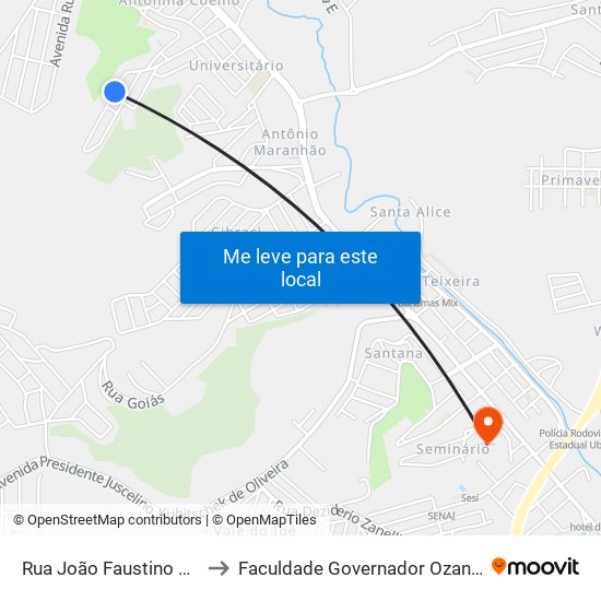 Rua João Faustino Tolêdo, 99-135 to Faculdade Governador Ozanam Coelho - Fagoc map