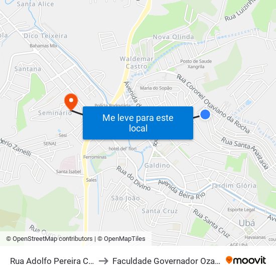 Rua Adolfo Pereira Cortês 920-1094 to Faculdade Governador Ozanam Coelho - Fagoc map