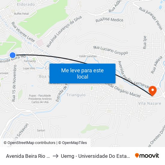 Avenida Beira Rio / Rodoviária to Uemg - Universidade Do Estado De Minas Gerais map