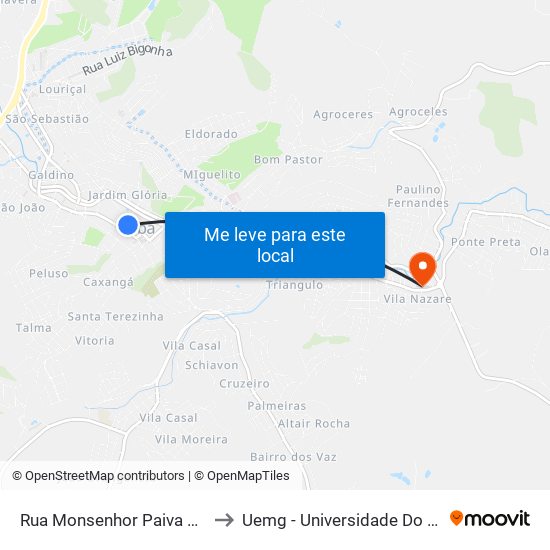 Rua Monsenhor Paiva Campos / Pam Criança to Uemg - Universidade Do Estado De Minas Gerais map