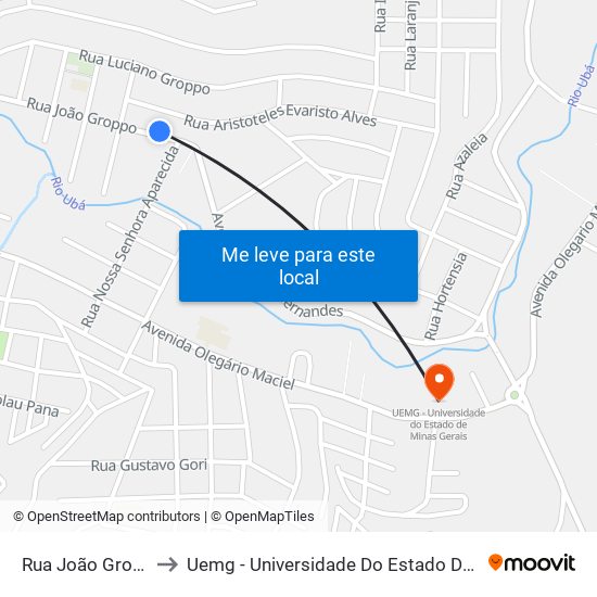 Rua João Gropo, 505 to Uemg - Universidade Do Estado De Minas Gerais map