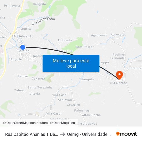Rua Capitão Ananias T De Abreu/ Praça Getúlio Vargas to Uemg - Universidade Do Estado De Minas Gerais map
