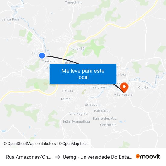 Rua Amazonas/Chiquito Gazola to Uemg - Universidade Do Estado De Minas Gerais map