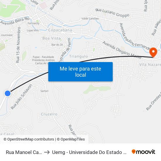 Rua Manoel Casal, 529 to Uemg - Universidade Do Estado De Minas Gerais map