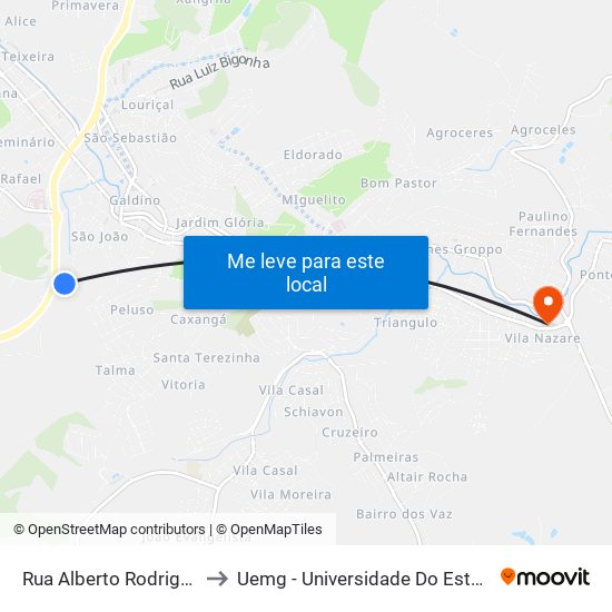 Rua Alberto Rodrigues Baião, 644 to Uemg - Universidade Do Estado De Minas Gerais map