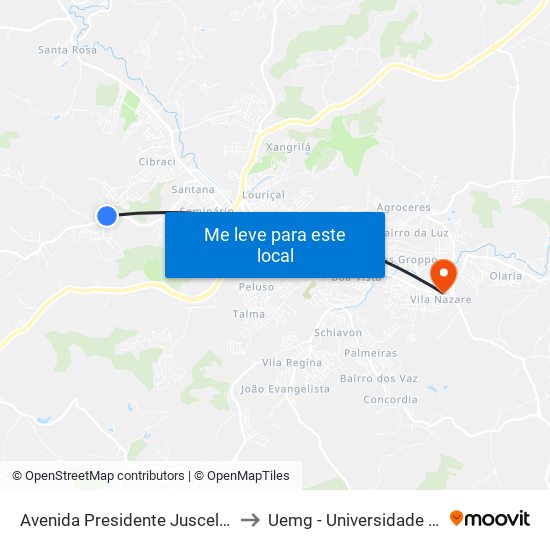Avenida Presidente Juscelino Kubitscheck De Oliveira 2205 to Uemg - Universidade Do Estado De Minas Gerais map