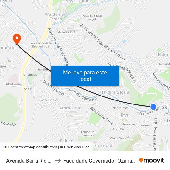 Avenida Beira Rio / Rodoviária to Faculdade Governador Ozanam Coelho (Fagoc) map