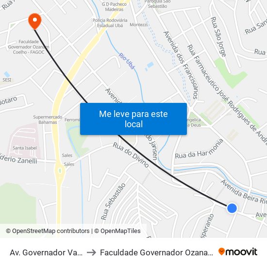 Av. Governador Valadares,844 to Faculdade Governador Ozanam Coelho (Fagoc) map