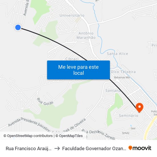 Rua Francisco Araújo / Ponto Final to Faculdade Governador Ozanam Coelho (Fagoc) map