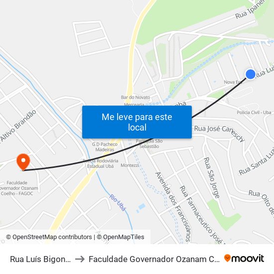 Rua Luís Bigonha, 241 to Faculdade Governador Ozanam Coelho (Fagoc) map