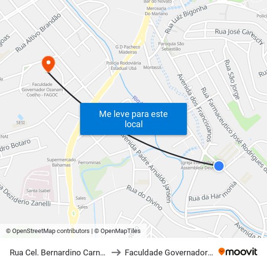 Rua Cel. Bernardino Carneiro / Praça Getúlio Vargas to Faculdade Governador Ozanam Coelho (Fagoc) map