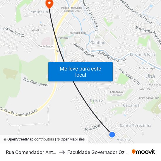 Rua Comendador Antônio Gomes, 1-69 to Faculdade Governador Ozanam Coelho (Fagoc) map