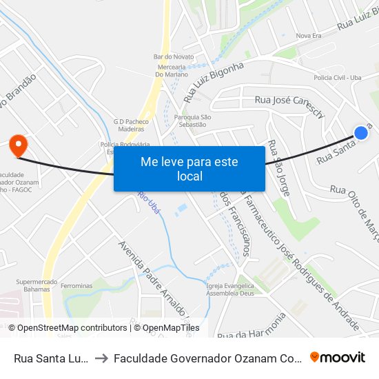 Rua Santa Luzia 46 to Faculdade Governador Ozanam Coelho (Fagoc) map