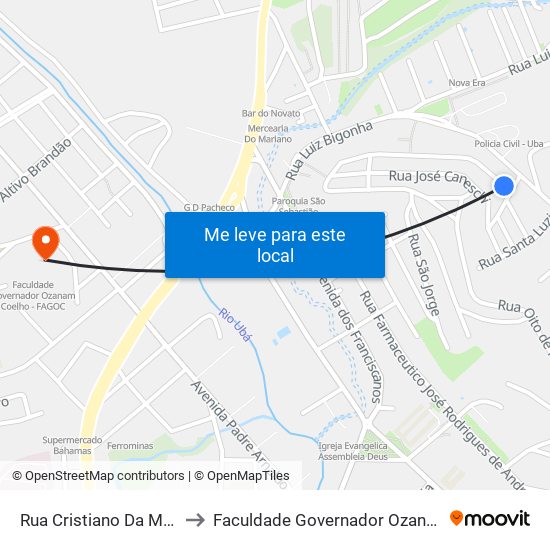 Rua Cristiano Da Mota Júnior, 15 to Faculdade Governador Ozanam Coelho (Fagoc) map