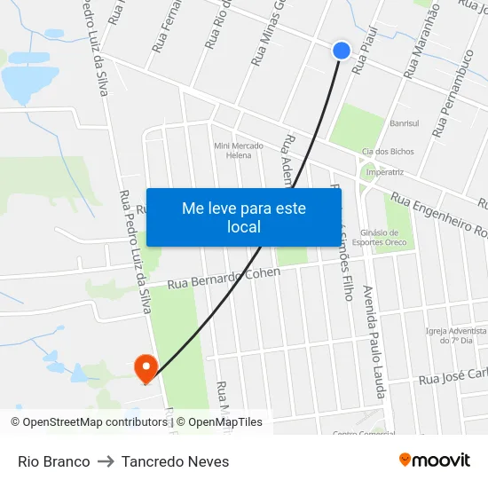Rio Branco to Tancredo Neves map