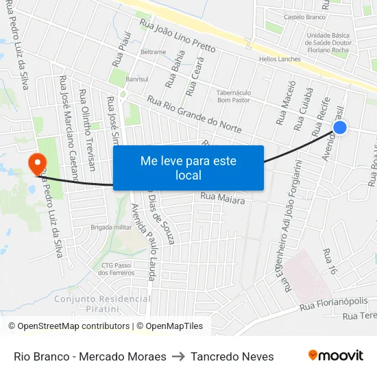Rio Branco - Mercado Moraes to Tancredo Neves map