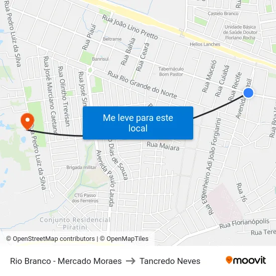 Rio Branco - Mercado Moraes to Tancredo Neves map
