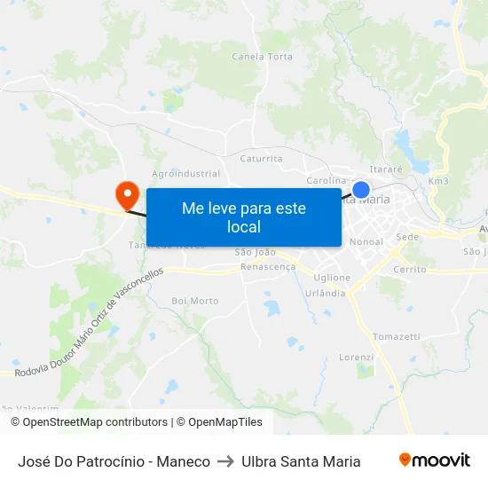 José Do Patrocínio - Maneco to Ulbra Santa Maria map