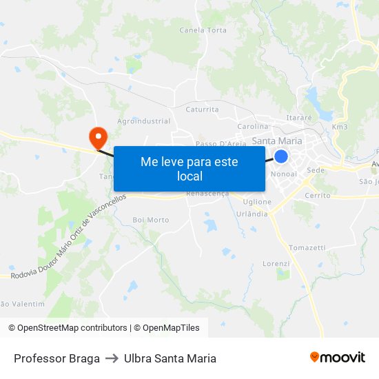 Professor Braga to Ulbra Santa Maria map