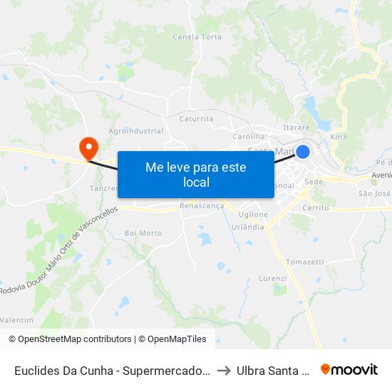 Euclides Da Cunha - Supermercado Beltrame to Ulbra Santa Maria map