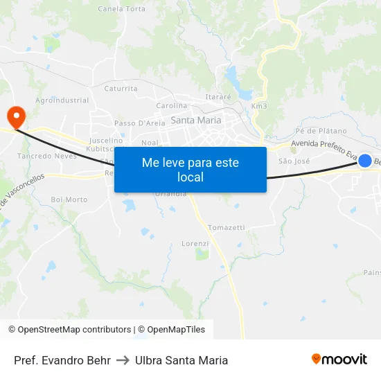 Pref. Evandro Behr to Ulbra Santa Maria map