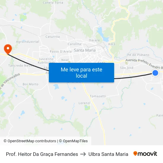Prof. Heitor Da Graça Fernandes to Ulbra Santa Maria map