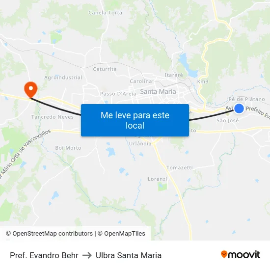 Pref. Evandro Behr to Ulbra Santa Maria map