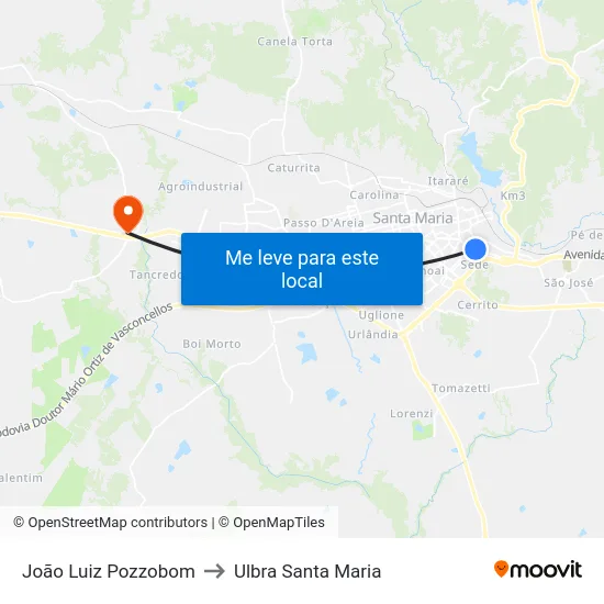 João Luiz Pozzobom to Ulbra Santa Maria map