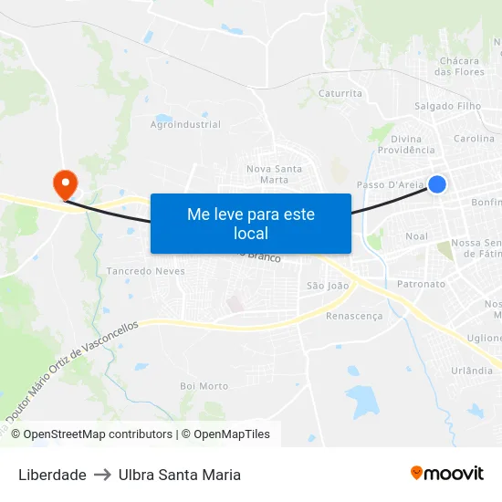 Liberdade to Ulbra Santa Maria map