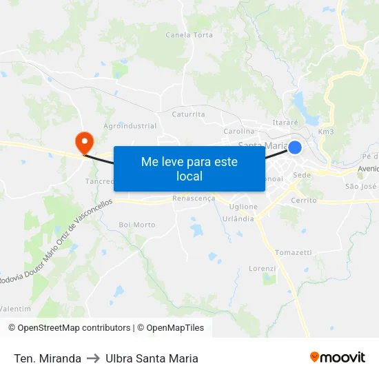 Ten. Miranda to Ulbra Santa Maria map