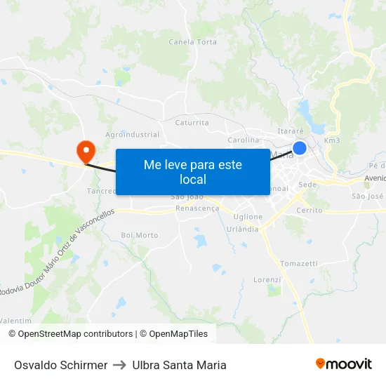 Osvaldo Schirmer to Ulbra Santa Maria map