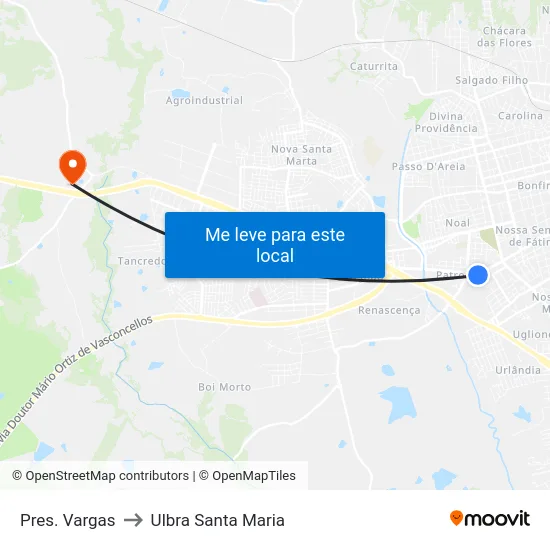Pres. Vargas to Ulbra Santa Maria map