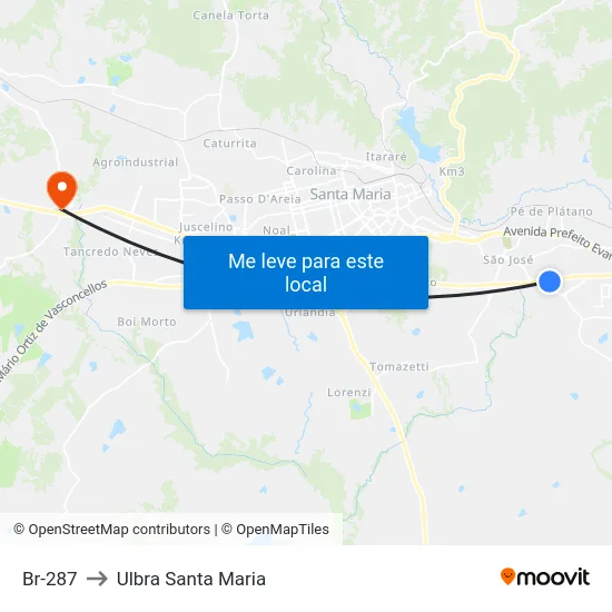 Br-287 to Ulbra Santa Maria map