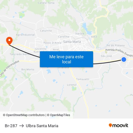 Br-287 to Ulbra Santa Maria map