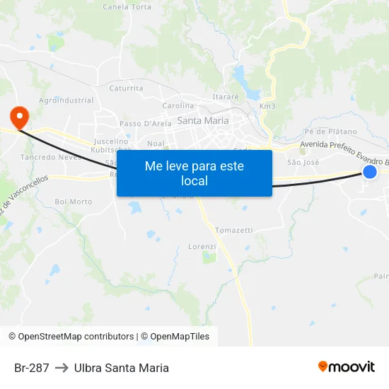 Br-287 to Ulbra Santa Maria map
