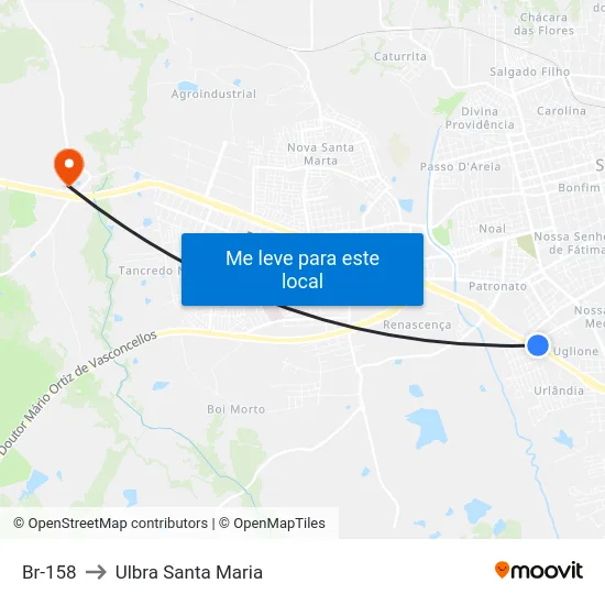Br-158 to Ulbra Santa Maria map