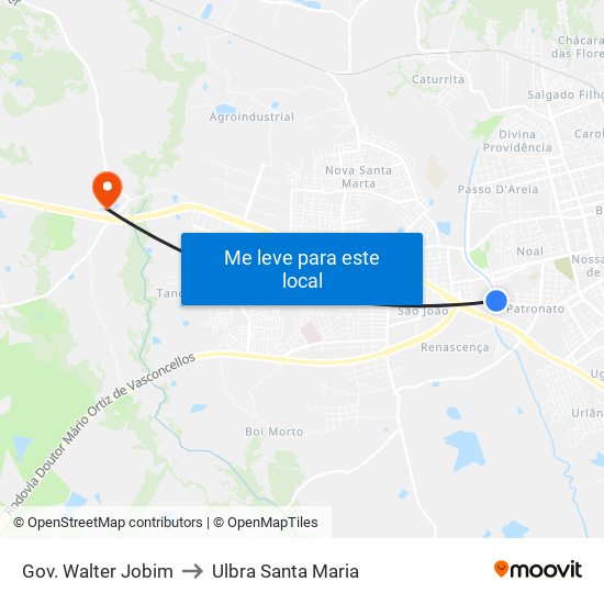 Gov. Walter Jobim to Ulbra Santa Maria map