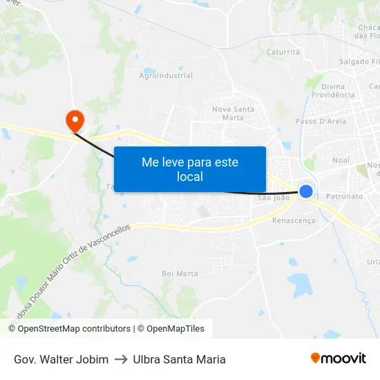 Gov. Walter Jobim to Ulbra Santa Maria map