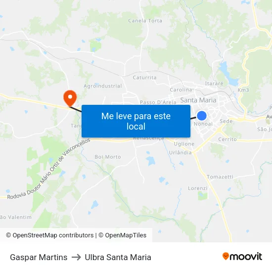 Gaspar Martins to Ulbra Santa Maria map