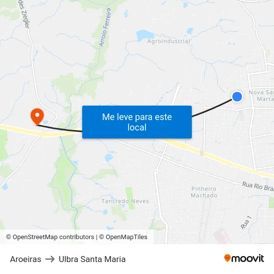 Aroeiras to Ulbra Santa Maria map