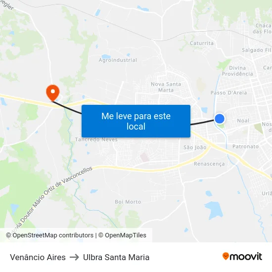 Venâncio Aires to Ulbra Santa Maria map