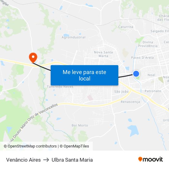 Venâncio Aires to Ulbra Santa Maria map