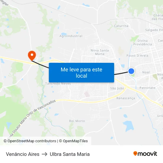 Venâncio Aires to Ulbra Santa Maria map