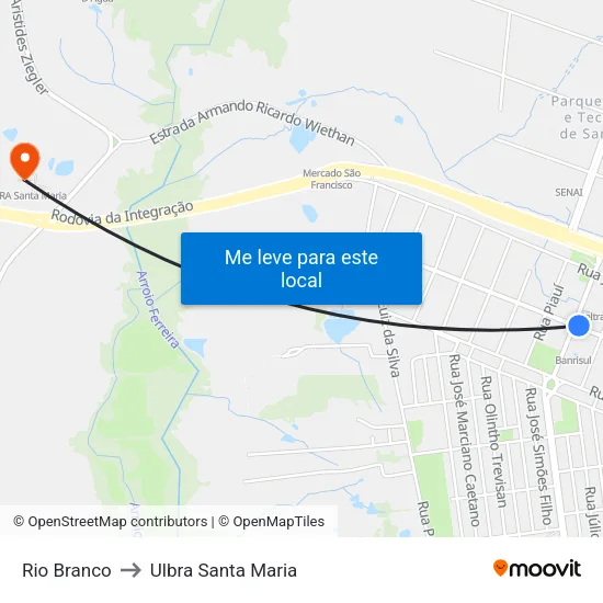 Rio Branco to Ulbra Santa Maria map