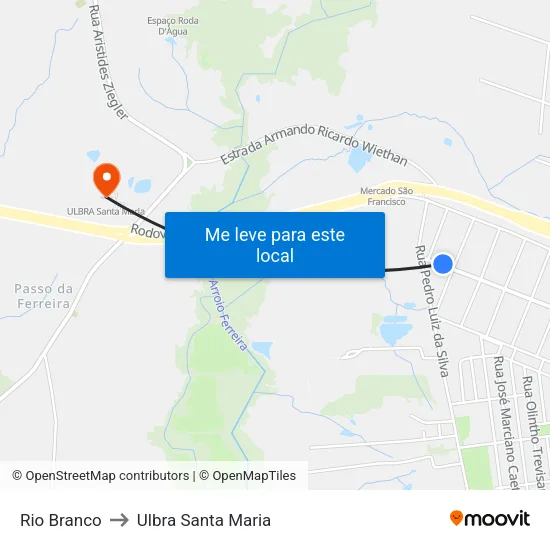 Rio Branco to Ulbra Santa Maria map